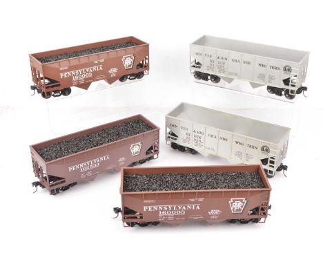 MTH G Scale American Coal Hoppers (7), Silver D & RGW hoppers with no loads (2), black CSX coal hoppers with loads (2), rust 