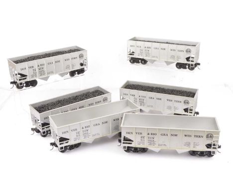 MTH G Scale American Coal Hoppers (6), Silver D & RGW Coal hoppers with various running numbers, 4 with coal loads, 2 empty, 