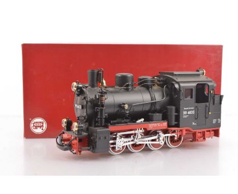 An LGB G scale (gauge 1) ref 28001 German (DR) 0-8-0 Tank Locomotive, in traditional black and red as No. 99 4633, VG-E, with