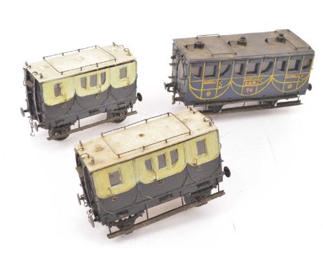 Three scratch-built 0 Gauge Vintage 4-wheel Coaches, a 1st class Eastern Counties Railway 3-compartment coach No. 74, in blue