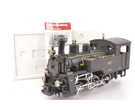 LGB G Gauge Brunigbahn Cog Steam Locomotive, 20471 black locomotive no. 1067 with smoke and directional lighting, very little