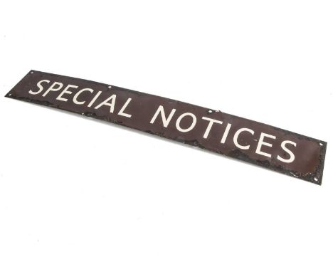 BR Western Region Special Notices Enamel Sign,  poster board heading cream lettering on a brown ground inscribed Special Noti