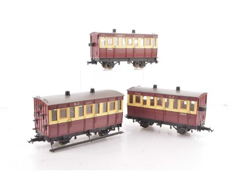 Three Isle of Man Railway G scale (gauge 1) 4-wheel Coaches by Accucraft (3), all in carmine and cream livery as No. B.2, C.2