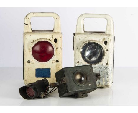 BR Battery Powered Tail Lamps and Others,  two white hard plastic cased tail lights, electric, with integral carry handles, b
