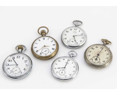 Vintage Railway Pocket Watches,  a group of five, GWR in worn case with cracked enamel dial, stamped GWR 566, not working, LM