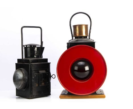 Two Railway Lamps,  a buffer stop lamp in restored condition, BR (S), with loop handle, and copper vent, of rectangular form 
