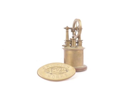 A early Brass Oscillating-cylinder Steam Engine and replica 'Brighton' plate, with overhead crankshaft, 5-spoke flywheel appr