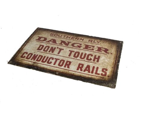 Southern Railway Enamel Danger Sign,  red lettering on a white ground, Southern Rly Danger Don't Touch Conductor Rails, with 