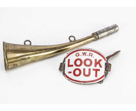 GWR Look Out Horn and Enamelled Arm Band, brass of curved oval form with two loops for shoulder strap and plated mouth piece,
