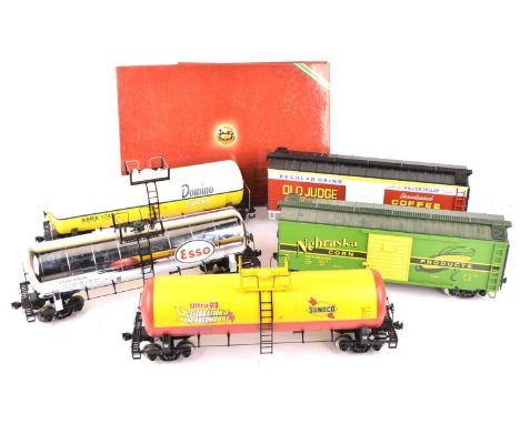 MTH G Scale American Various wagons & LGB 2003 Hardback Catalogue (6), Yellow & White "Domino Sugar" Tank, Chrome "Esso" tank