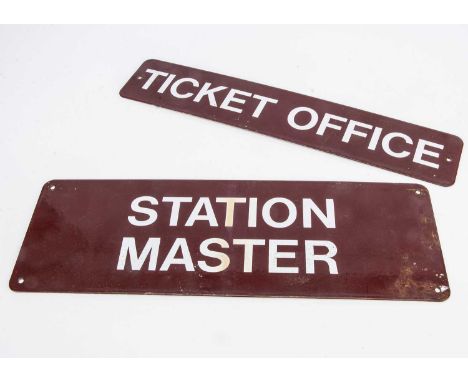 Two Reproduction Enamel BR Midland Region Signs,  both white lettering on a maroon ground, Station Master, 46cm wide x 15cm h