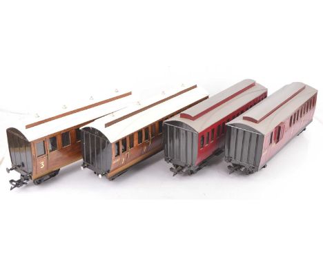 Four scratch-built Gauge 1 G-scale Bogie Coaches (4), all on LGB bogies with LGB couplers and plywood bodies to rather large 