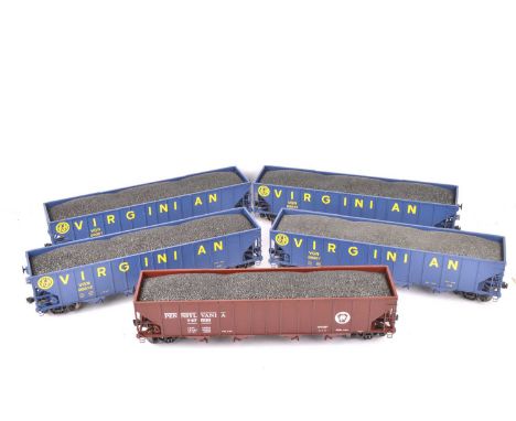 MTH G Scale American Coal Hoppers (5), Blue Virginian Coal hoppers with various running numbers (4) and rust brown Pennsylvan