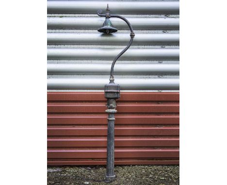Swan Neck Electric Street Lamp,  cast iron, with alloy shade marked Ediswan, mounted with a finial, above swan neck and lower