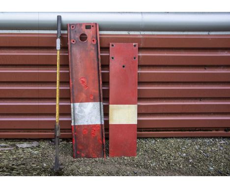 Enamelled Signal Blades and Cast Iron Lever Arm,  yellow painted lever arm, with alloy lever lead inscribed with numbers, and