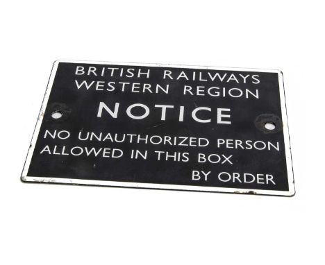 BR Western Region Enamel No Admittance Signal Box Notice,  white lettering on a black ground, inscribed British Railways West