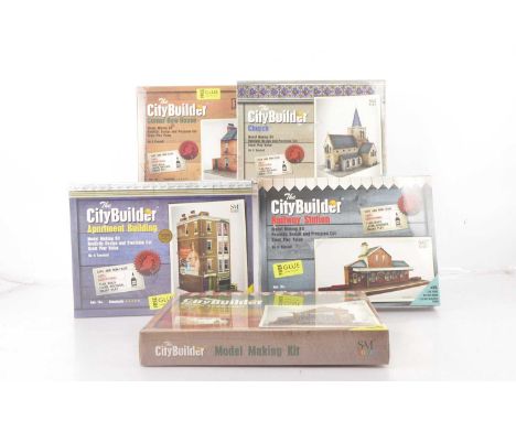 Approx 0 Gauge 1:43  Scale unmade City Builder Card Kits, comprising Railway Station, Apartment Building, Church, Corner Row 