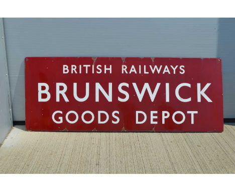 Large original BR LMR Brunswick Goods Depot Enamel Sign. 8' X 3' G, some enamel loss to edges, fully flanged