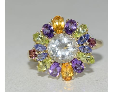 9ct gold ladies amethyst and other semi-precious stone set ring size R