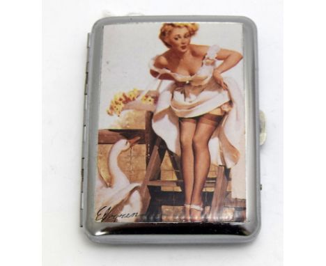 a cigarette case with enamel panel to the front depicting a young lady