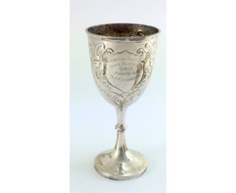 Silver embossed trophy cup (engraved) Sheffield 1909 16cm tall