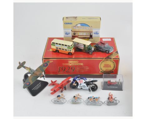 Box with SCAMMEL model of Yesteryear, plus box iwth SPITFIRE, CORGI TRAM and others.