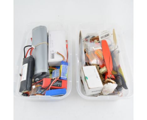 Box containing electric flight magazines and 2 X plastic boxes containing motors, props and batteries.