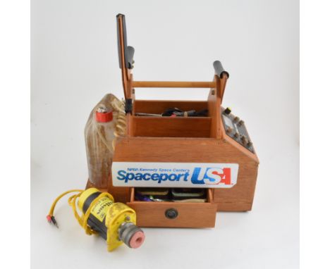 Modellers field kit box containing soldering iron, two glow plus ignitors, power paneland sundry tools.