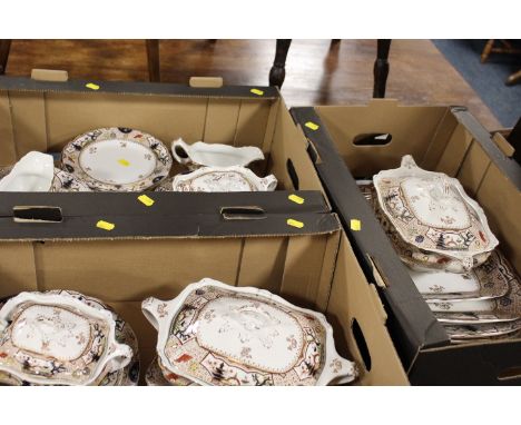 THREE TRAYS OF ANTIQUE CERAMIC DINNERWARE TO INCLUDE TUREENS, MEAT PLATES ETC