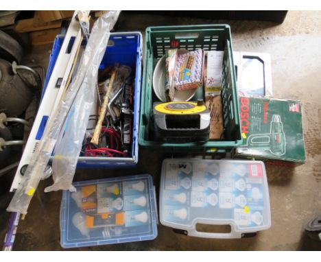 TWO TRAYS OF VARIOUS TOOLS, HARDWARE AND HOUSEHOLD BULBS