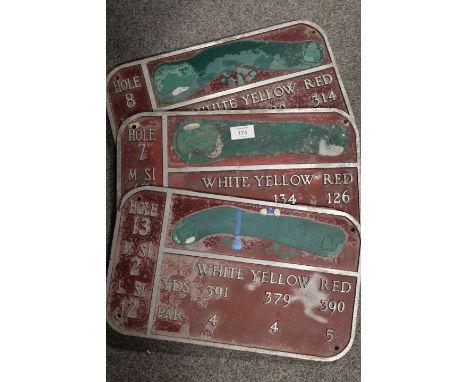 THREE VINTAGE CAST IRON GOLF COURSE HOLE NUMBER SIGNS