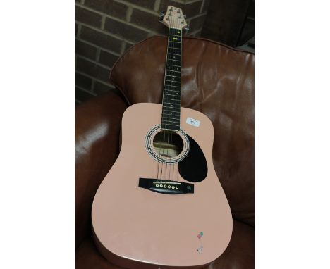 A PINK STAGG ACOUSTIC GUITAR WITH CARRY CASE