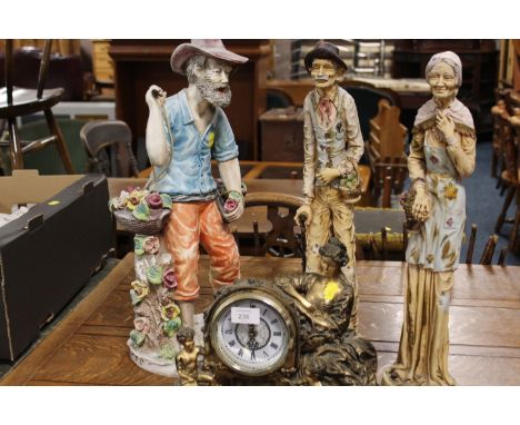 A MODERN FIGURAL MANTLE CLOCK TOGETHER WITH A SELECTION OF CAPODIMONTE FIGURES 