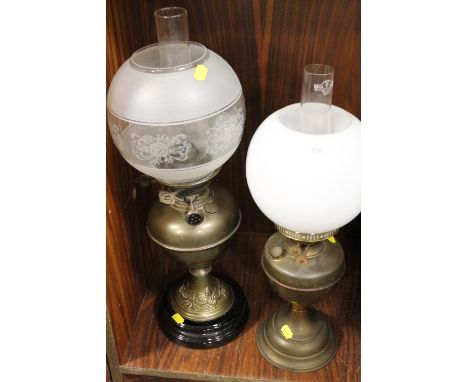 TWO VINTAGE OIL LAMPS WITH GLASS SHADES