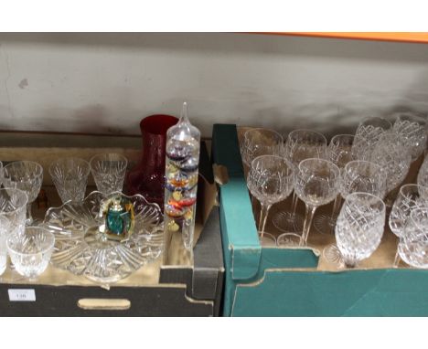 TWO TRAYS OF CUT GLASS ETC TO INCLUDE GALILEO THERMOMETER