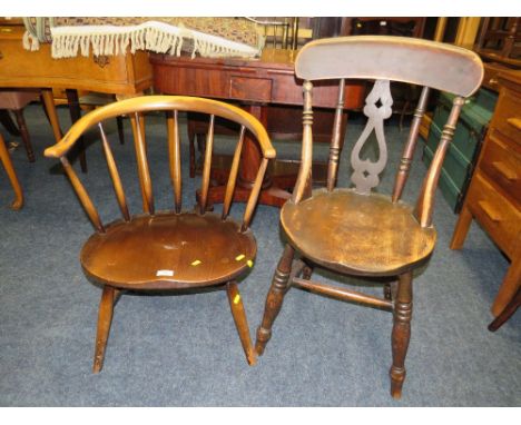 AN ERCOL STYLE ARMCHAIR AND AN ELM KITCHEN CHAIR (2)