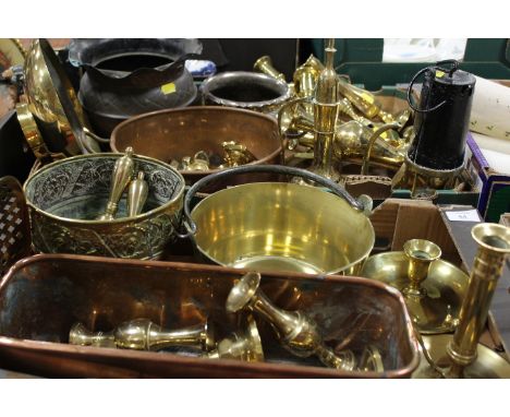 TWO TRAYS OF ASSORTED METAL WARE TO INCLUDE VINTAGE MINERS LAMP, BRASS CANDLESTICKS ETC