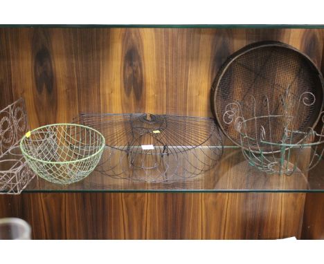 A COLLECTION OF VINTAGE WIREWORK GARDEN PLANTERS ETC TO INCLUDE A RIDDLE, HANGING BASKET ETC