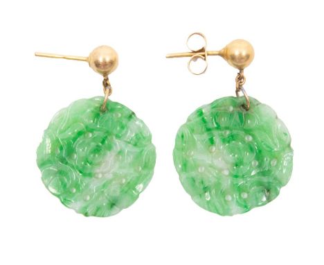 A pair of vintage apple jadeite carved ear pendants, on yellow metal stud findings. The jadeite has distinct bright green vei