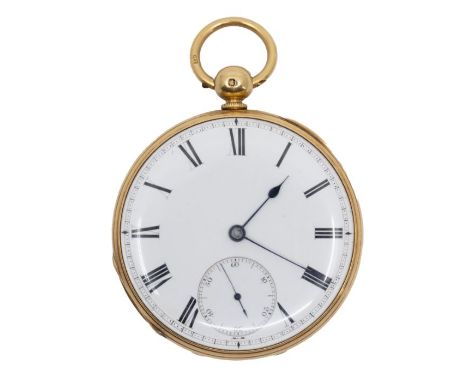 An 18ct gold cased pocket watch dated 1854. With a white enamelled dial, with black Roman numerals and a subsidiary second di