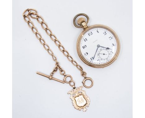 A Rolex pocket watch in gold plate (untested but appears to wind and run) along with a 9 carat gold watch Albert chain, wth a