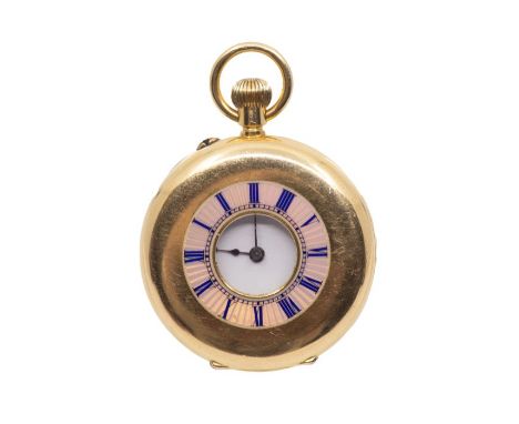 A yellow metal ladies half hunter fob watch, with continental marks for 18c and 0,755. Featuring a&nbsp; guilloche enamel out