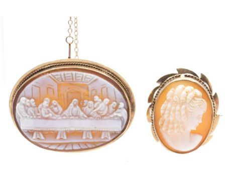 Two 9ct gold set shell cameos, one featuring the Last supper, the other a portrait of a lady. The Last Supper Cameo measures 