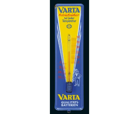 Varta Thermometer, Zustand: 1, 50er Jahre, 13 x 51 cm, flach, abgeschrägte Kanten, schabloniert, funktionstüchtiges Thermomet