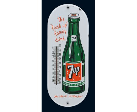 7up Thermometer, Zustand: 1, Kanada, 60er Jahre, 15,5 x 38 cm, schräg abgekantet, schabloniert, funktionstüchtiges Thermomete