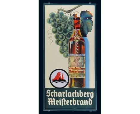 Scharlachberg Meisterbrand, Zustand: 0/1+, Bingen am Rhein, 50er Jahre, 59 x 119 cm, abgekantet, im Emailrahmen, Pyro-Email, 