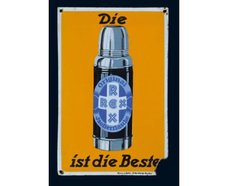 Rex Isolierflasche, Zustand: 2-3, 20er Jahre, 23 x 35 cm, gewölbt, Pyro-Email, Boos &amp; Hahn, Ortenberg-Baden, schabloniert