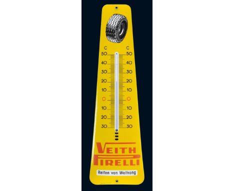 Veith Pirelli Thermometer, Zustand: 1, 50er Jahre, 25 x 78 cm, gewölbt, schabloniert und umgedruckt, Pyro-Email, Boos &amp; H