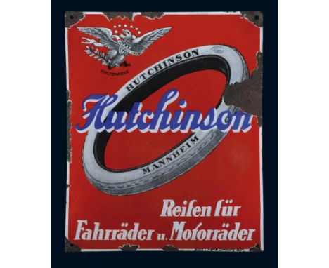 Hutchinson Reifen, Zustand: 3, Mannheim, 20er Jahre, 33 x 39 cm, gewölbt, Pyro-Email, Boos &amp; Hahn, Ortenberg-Baden, schab