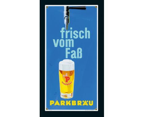 Parkbräu, Zustand: 0, Pirmasens, 50er Jahre, 30 x 60 cm, abgekantet, Pyro-Email, Boos &amp; Hahn, Ortenberg-Baden, schablonie